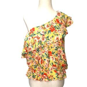 American Eagle One Shoulder Floral Womens Top Sz Large Yellow Cottage Core Fairy